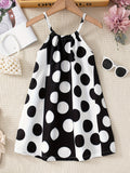 Girls Charming Polka Dot Summer Dress - Chic Thin Straps, Sleeveless, Vibrant Print, Regular Fit, Knee-Length - Ideal for Stylish Casual Outings