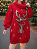 Plus Size Christmas Pattern Casual Long Sleeve Turtle Neck Sweater Dress for Fall & Winter Women's Clothing