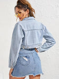 deanwangkt-1  Blue Long Sleeves Denim Jackets, Flap Pockets Single-Breasted Button Lapel Cropped Denim Coats, Women's Denim Clothing