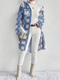 Long Sleeve Elegant Plaid Pattern Button Front Teddy Coat for Fall & Winter, Women's Mid-length Warm Outerwear