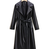 Longline Faux Leather Coat, Elegant Black Lapel Belted Coat For Fall & Winter, Women's Clothing