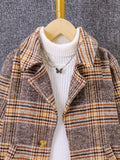 Girls Retro Plaid College Style Button Lapel Faux Woolen Jacket Overcoat, Autumn And Winter