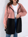 Plus Size Casual Coat, Women's Plus Colorblock Geometric Print Long Sleeve Hooded Zipper Coat