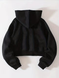 Solid Drawstring Zip Up Thermal Lined Crop Hoodie Sweatshirt, Long Sleeve Pocket Front Sweatshirt, Women's Tops