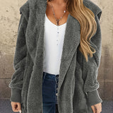 Open Front Hoodie Plush Coat, Long Sleeve Teddy Outerwear For Fall & Winter, Women's Clothing