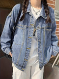 deanwangkt-1  Plain Loose Fit Denim Jackets, Patch Pockets Long Sleeves Lapel Versatile Denim Coats, Women's Denim Clothing