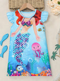 Girls Cartoon Mermaid Graphic Flutter Trim Crew Neck Knitted T-shirt Dress for Summer Party - Soft Slight Stretch Fabric, Machine Washable, Regular Fit, Portrait Pattern, Casual Style