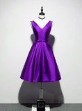 Solvbao Elegant V-neckline Satin Purple Short Prom Dress, Purple Bridesmaid Dress