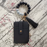 Single Retro Round Silicone Beaded Wristlet Keychain with PU Leather Wallet Card Holder, Ring Buckle, Tassel, and Phone Lanyard - Perfect Couple Keychain for Valentines Day Gift - Plant Theme, Tool, and Bag Charm Included