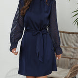 Solid Lace Spliced Midi Dress, Elegant Mock Collar Long Sleeve Lantern Sleeves Waist-Cinched A Line Dress, Women's Clothing