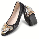 KUNWFNIX Sparkling Pointed-Toe Ballet Flats - Rhinestone Embellished, Foldable Soft TPR Sole, Microfiber Artificial Leather Upper, Sequin Decorated, Slip-On Design for Comfortable Walking - Perfect for Summer and All-Season Wear