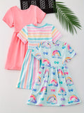 3pcs Girls Charming Short Sleeve Dress Set - Adorable Striped & Polka Dot Print with Sunflower Accent - Lightweight Summer Wear for Parties and Gifts