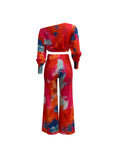 Casual Tie Dye Two-piece Set, Long Sleeve Crop Top & Drawstring Wide Leg Pants Outfits, Women's Clothing