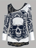 Plus Size Casual T-shirt, Women's Plus Skull & Mandala Print Contrast Lace Cold Shoulder Long Sleeve Slight Stretch T-shirt