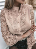 Women's Blouse Lace Crochet Lapel Button Flare Sleeve Elegant Top Blouse