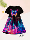 Enchanting 3D Butterfly Adorned Girls' Dress - Soft Cotton Crew Neck, Short Sleeve Design, Ideal for Summer Parties and Everyday Elegance