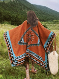 Plus Size Boho Winter Coat, Women's Plus Geometric Print Fringe Trim Batwing Sleeve Open Front Shawl Cape Coat