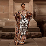 Plus Size Boho Kaftan Dress, Women's Plus Zebra & Paisley Print Batwing Sleeve Notched Neck Maxi Split Dress