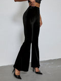 Solid Velvet Flare Leg Pants, Casual Elastic Slim Pants For Spring & Fall, Women's Clothing