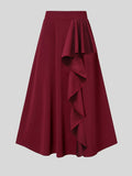 Plus Size Elegant Skirt, Women's Plus Solid Ruffle Trim Elastic Waist Slight Stretch A-line Skirt