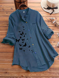 Plus Size Casual Shirt, Women's Plus Butterfly Print Roll Up Sleeve Stand Collar Button Up Blouse