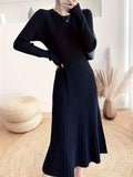 Ribbed Solid Midi Dress, Elegant Crew Neck Long Sleeve Dress, Women's Clothing