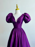 Solvbao Purple Satin Short Sleeves V-neckline Prom Dress, Purple Satin Evening Dress