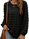 Plus Size Casual Top, Women's Plus Solid Swiss Dot Lantern Sleeve Round Neck Tunic Top