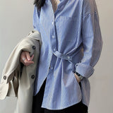 Striped Print Split Shirt, Casual Button Front Long Sleeve Shirt, Women's Clothing