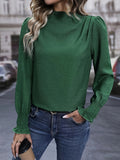 Mock Neck Pleated Simple Blouse, Versatile Long Sleeve Blouse For Spring & Fall, Women's Clothing