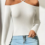 Ribbed Cold Shoulder Slim Sweater, Casual Long Sleeve Sweater For Spring & Fall, Women's Clothing