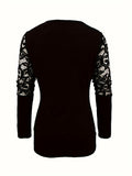 Rhinestone Decor Lace Stitching V Neck T-Shirt, Casual Long Sleeve Top For Spring & Fall, Women's Clothing