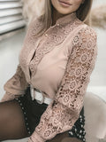 Women's Blouse Lace Crochet Lapel Button Flare Sleeve Elegant Top Blouse