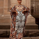 Plus Size Boho Kaftan Dress, Women's Plus Zebra & Paisley Print Batwing Sleeve Notched Neck Maxi Split Dress