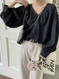 Solid V Neck Button Front Blouse, Casual Long Sleeve Blouse For Spring & Fall, Women's Clothing