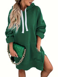 Solid Kangaroo Pocket Long Length Hoodie, Casual Long Sleeve Drawstring Hoodies Sweatshirt, Women's Clothing