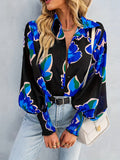 Plus Size Casual Blouse, Women's Plus Floral Print Button Up Lantern Sleeve Turn Down Collar Blouse