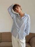 Striped Button Front Shirt, Elegant Long Sleeve Lapel Shirt, Women's Clothing