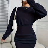 deanwangkt-1  Solid Ruched Crew Neck Dress, Casual Long Sleeve Bodycon Dress, Women's Clothing