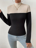 Ribbed Colorblock Mock Neck T-Shirt, Casual Long Sleeve Top For Spring & Fall, Women's Clothing