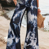 Plus Size Casual Pants, Women's Plus Tie Dye High Rise Medium Stretch Flare Leg Pants