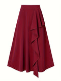 Plus Size Elegant Skirt, Women's Plus Solid Ruffle Trim Elastic Waist Slight Stretch A-line Skirt