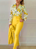 deanwangkt-1  Elegant Two-piece Set, Floral Print V Neck Long Sleeve Blouse & Solid Belted Tapered Pants Outfits, Women's Clothing