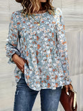 Floral Print Crew Neck Tiered Blouse, Casual Long Sleeve Blouse For Spring & Fall, Women's Clothing