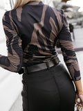 All Over Print Mock Neck T-Shirt, Casual Long Sleeve Top For Spring & Fall, Women's Clothing