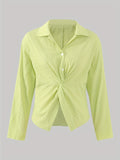 Textured Polo Collar Button Blouse, Casual Long Sleeve Blouse For Spring & Fall, Women's Clothing