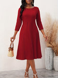 Solid 3/4 Sleeve Dress, Elegant Crew Neck Simple Versatile Dress, Women's Clothing