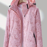 Leaf Print Outdoor Jacket With Removable Hood, Women's Windproof & Rainproof Jacket, Women's Outdoor Clothing