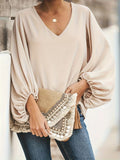 Solid V Neck Blouse, Elegant Lantern Sleeve Blouse For Spring & Fall, Women's Clothing