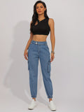 Flap Pocket Double Side Bottons Cargo Jeans, Wash Blue Street Jogger Jeans, Women's Denim Jeans & Clothing